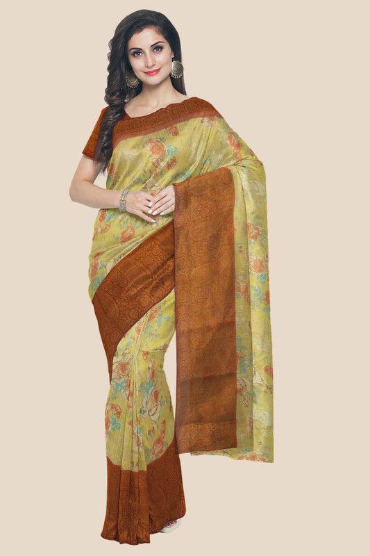 Floral Print Daily Wear Silk Blend Saree  (Yellow)