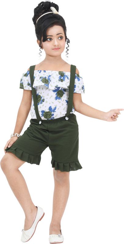 Girls Party(Festive) Dungaree Shorts  (Dark Green)