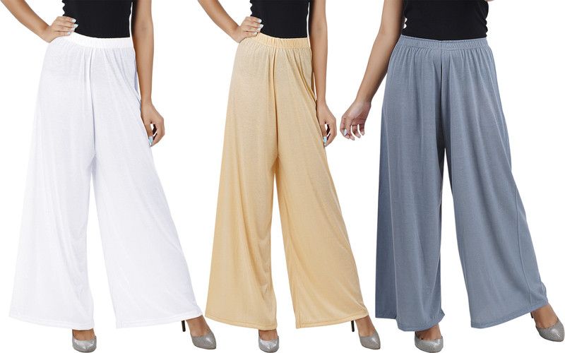 Pack of 3 Women Flared White, Beige, Grey Cotton Blend Trousers