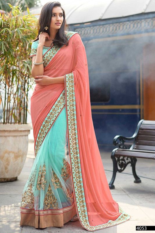 Embroidered Bollywood Georgette, Net Saree  (Pink, Blue)