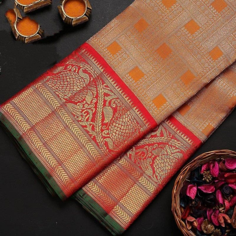 Printed Bollywood Silk Blend Saree  (Gold, Orange)