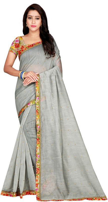 Embellished Bollywood Chanderi Saree  (Grey)
