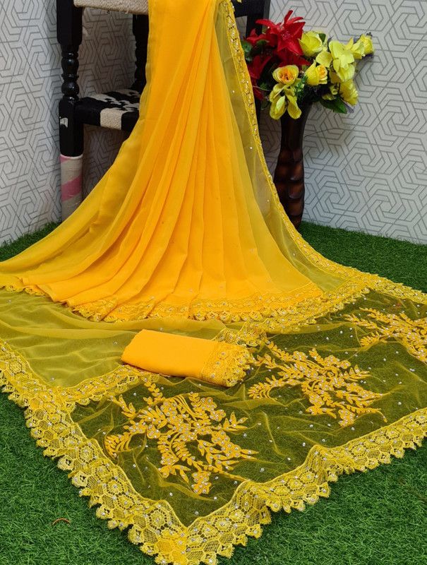 Embroidered Fashion Georgette Saree  (Yellow)