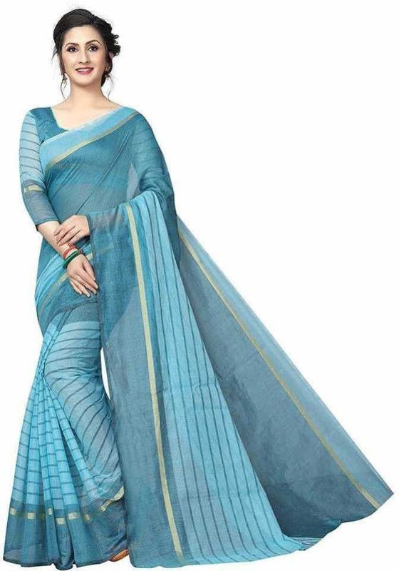 Striped Daily Wear Cotton Silk Saree  (Blue)