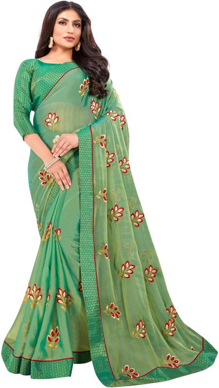 Embroidered Bollywood Net, Chiffon Saree  (Light Green)