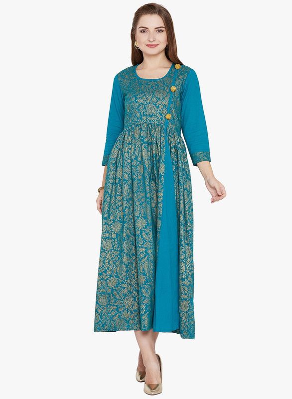 Women Floral Print Cotton Blend Ethnic Dress  (Green, Gold)