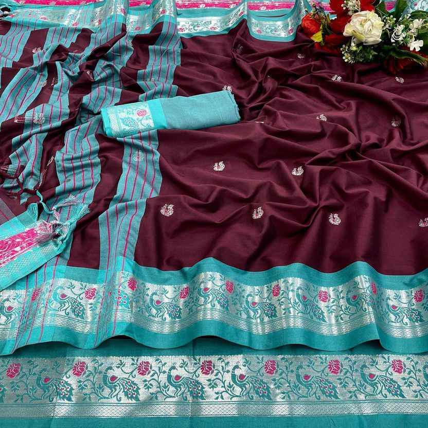 Woven Banarasi Handloom Cotton Silk Saree  (Maroon)