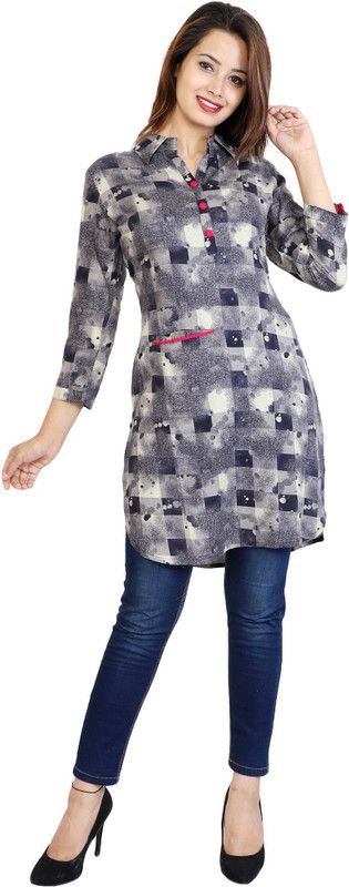 Formal Roll Up Sleeves Geometric Print Women Grey Top
