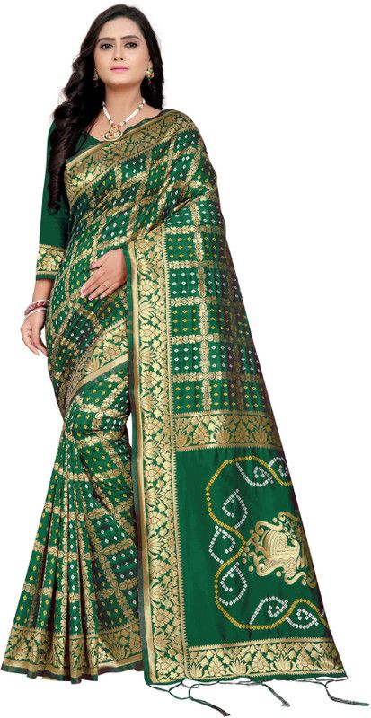 Woven Bandhani Art Silk Saree  (Dark Green)