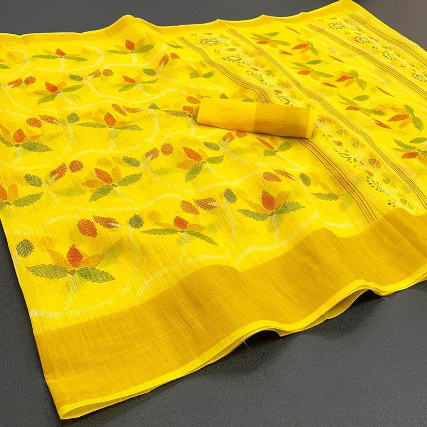 Printed Patola Cotton Blend Saree  (Yellow)