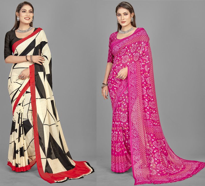 Geometric Print Daily Wear Georgette Saree  (Pack of 2, Beige, Pink)