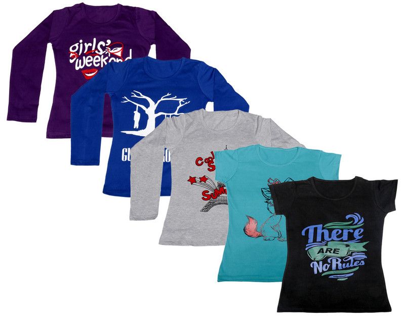 Pack of 5 Women Printed Round Neck Cotton Blend Purple, Blue, Black, Grey T-Shirt