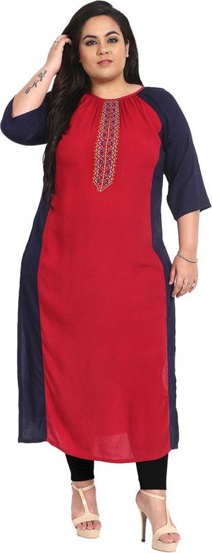 Women Colorblock Cotton Rayon Straight Kurta  (Dark Blue)