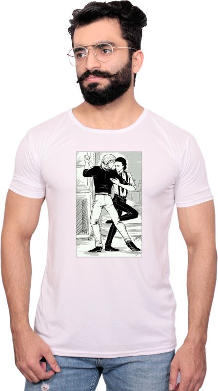 1022 Men Graphic Print Round Neck Polyester White T-Shirt