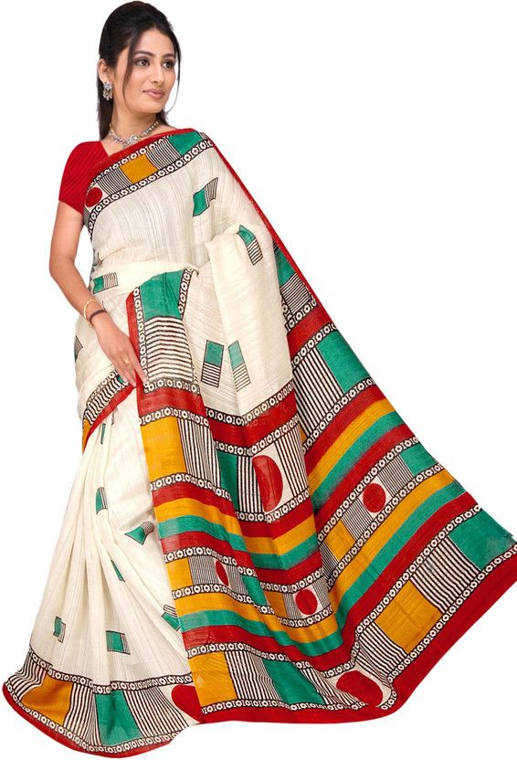 Printed Bollywood Cotton Blend Saree  (Red, White)