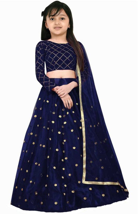 Girls Lehenga Choli Ethnic Wear Checkered Lehenga, Choli and Dupatta Set  (Dark Blue, Pack of 1)