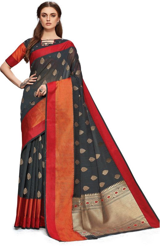 Woven Bollywood Linen Saree  (Black)