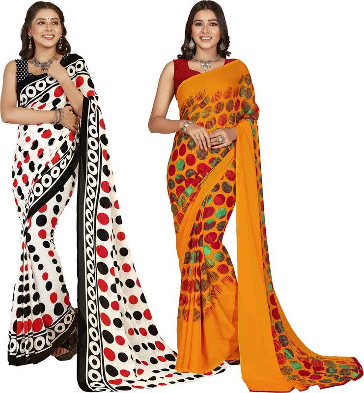Printed Daily Wear Georgette Saree  (Pack of 2, Yellow, Red, Red, Black)