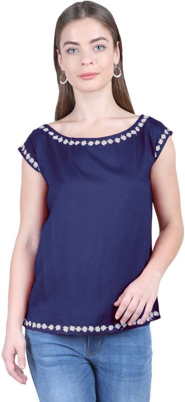 Casual Cap Sleeves Embellished Women Blue Top