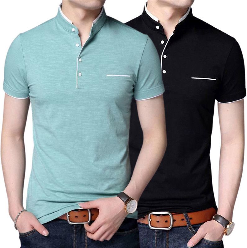 Pack of 2 GULGULI MENBUTTON TSHIRT PACKOF2 Men Solid Mandarin Collar Poly Cotton Black, Light Green T-Shirt