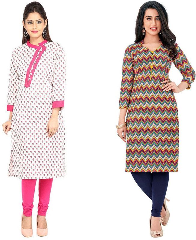 Pack of 2 Women Printed Cotton Blend Straight Kurta  (White, Pink)