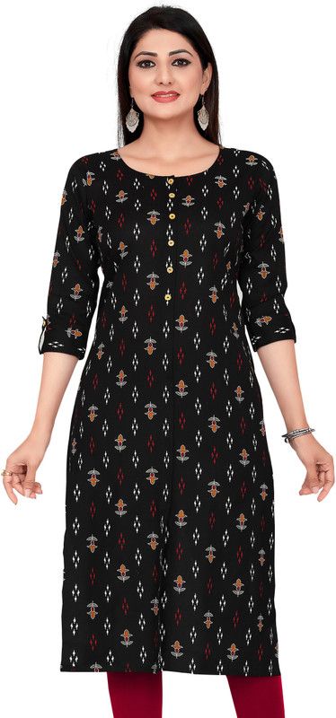 Women Ikat, Printed Pure Cotton Straight Kurta  (Black)