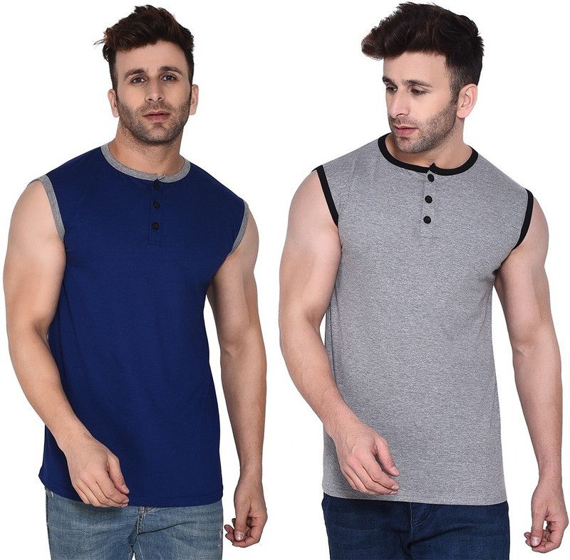 Pack of 2 Faizaan Men Solid Henley Neck Cotton Blend Silver, Blue T-Shirt