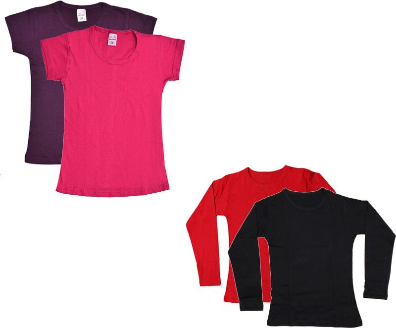 Girls Solid Cotton Blend T Shirt  (Red, Pack of 4)