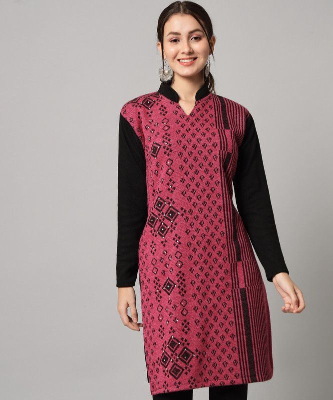 Women Geometric Print Wool Straight Kurta  (Pink)