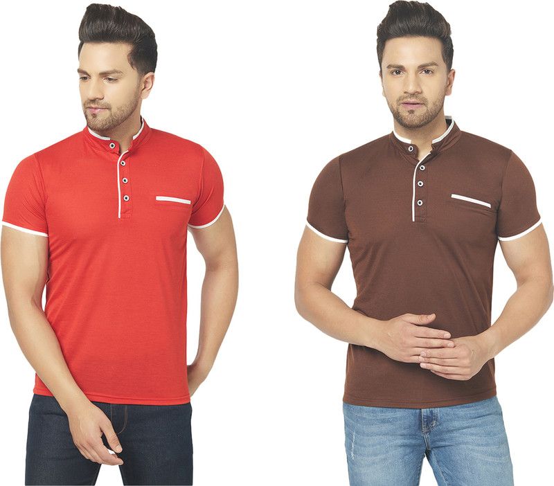 Pack of 2 Henley T-shirt Combo Half Sleeve Men Solid Henley Neck Cotton Blend Red, Brown T-Shirt
