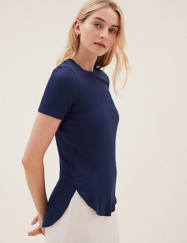 Women Solid Round Neck Viscose Rayon Blue T-Shirt