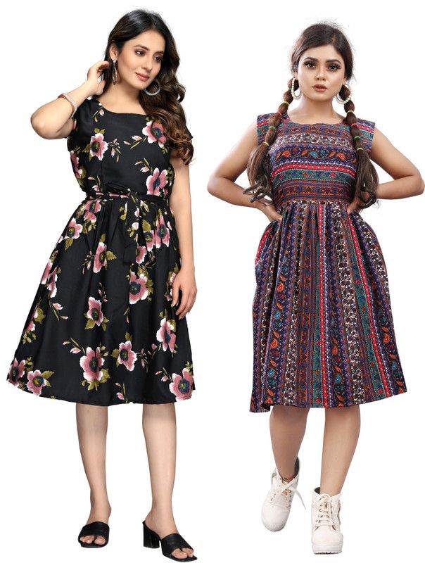 Women Fit and Flare Black, Multicolor Dress