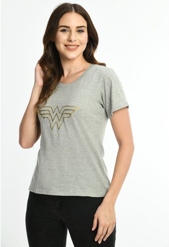 Women Solid Round Neck Poly Cotton Grey T-Shirt