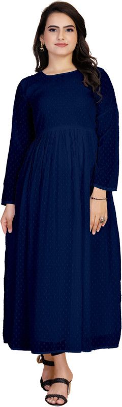 Solid Georgette Stitched Flared/A-line Gown  (Dark Blue)