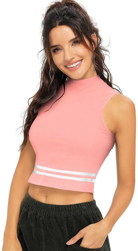 Women Striped High Neck Polyester Pink T-Shirt