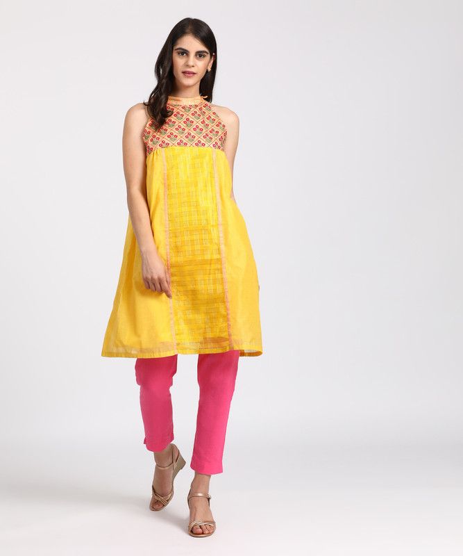 Women Embroidered Cotton Blend Asymmetric Kurta  (Yellow)