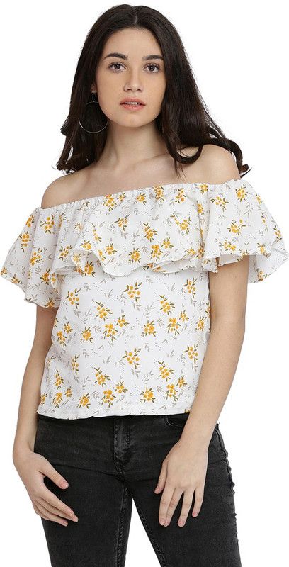 Casual Cape Sleeves Floral Print Women White, Yellow Top