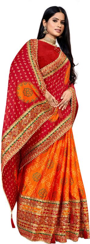 Bandhani Silk Blend Saree  (Red)
