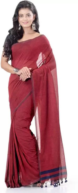 Solid/Plain Handloom Pure Cotton Saree  (Red)