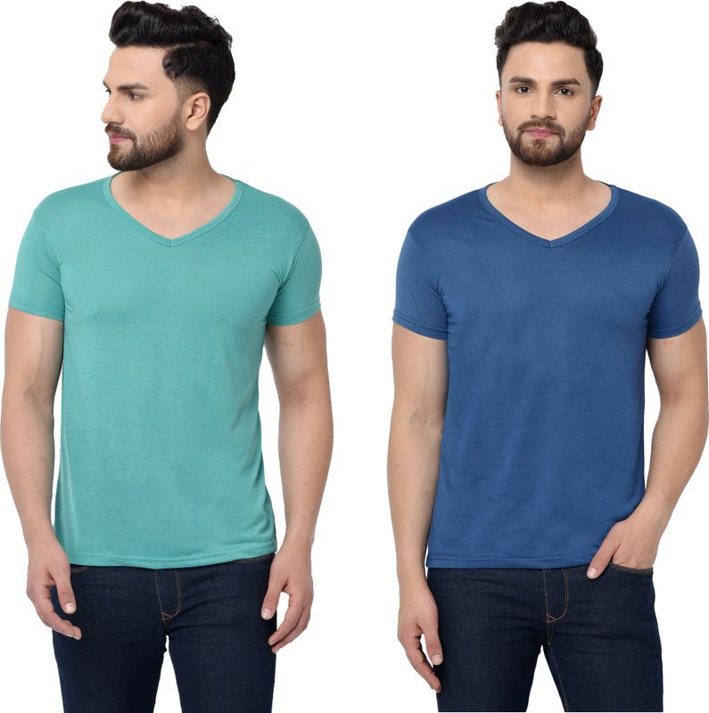 Pack of 2 Men Solid V Neck Cotton Blend Dark Blue, Light Green T-Shirt