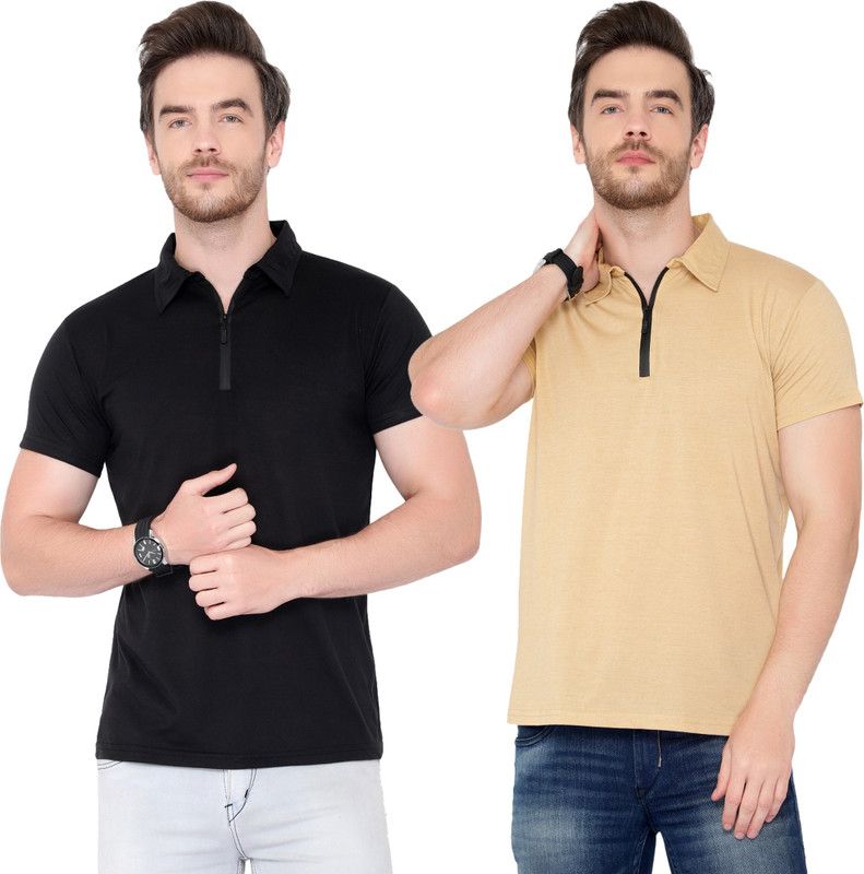 Pack of 2 Men Solid Polo Neck Cotton Blend Black, Beige T-Shirt