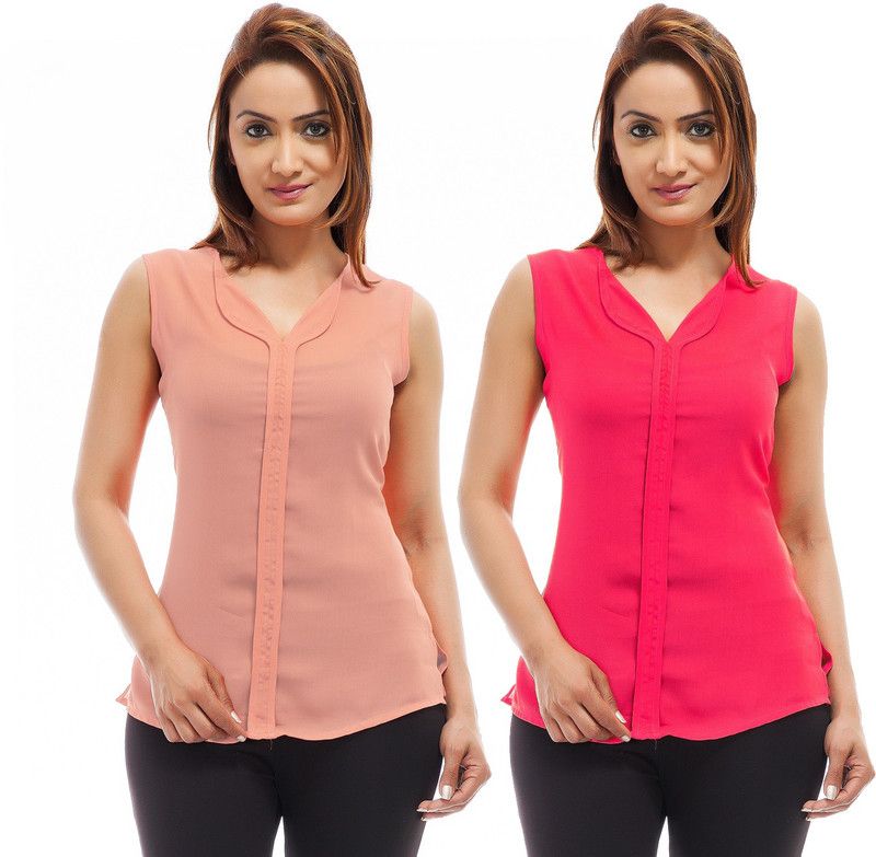 Pack of 2 Casual Sleeveless Solid Women Pink, Orange Top
