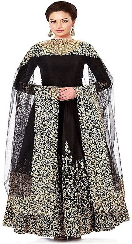 Silk Blend Stitched Anarkali Gown  (Black)