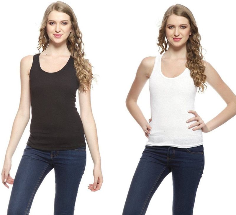 Pack of 2 Casual Sleeveless Striped, Solid Women White, Black Top