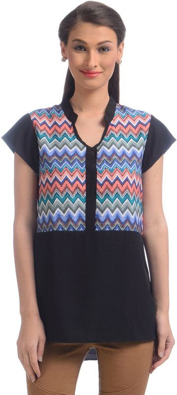 Party Cap Sleeves Chevron/Zig Zag Women Blue Top
