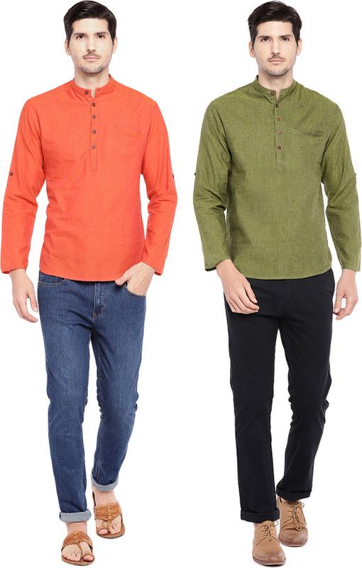 Pack of 2 Men Self Design Pure Cotton Straight Kurta  (Green, Orange)