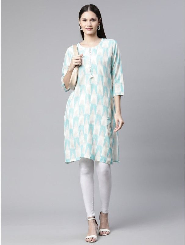 Women Printed Cotton Rayon Straight Kurta  (White, Blue)