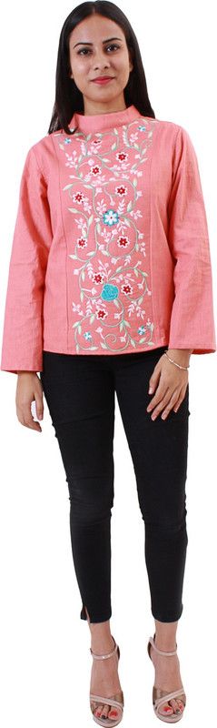 Casual Regular Sleeves Embroidered Women Red, White, Blue, Pink Top