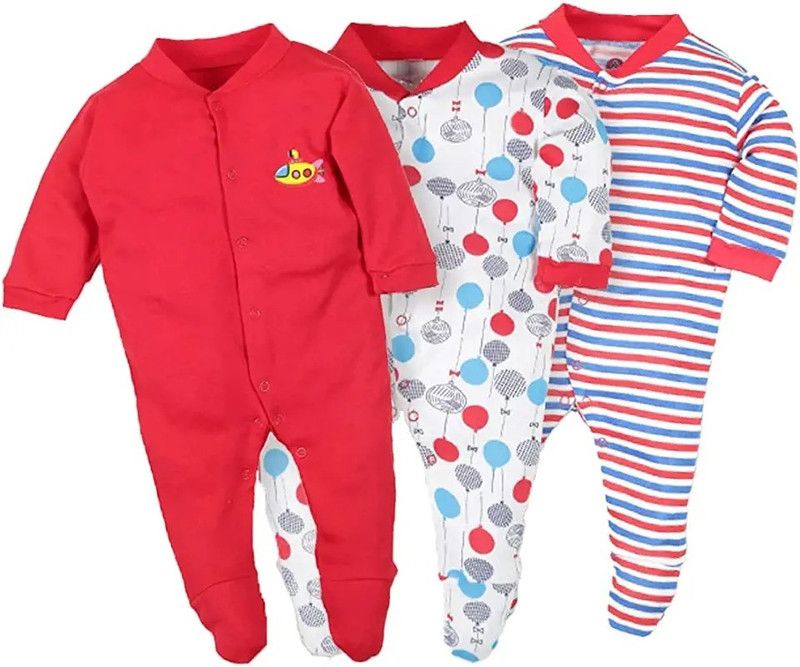 Romper For Baby Boys & Baby Girls Casual Striped, Printed, Solid Cotton Blend  (Multicolor, Pack of 3)
