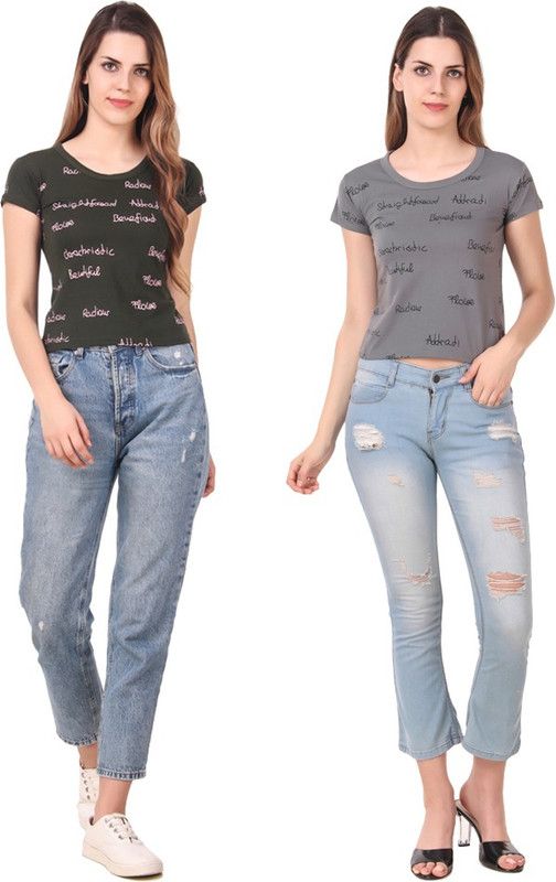 Pack of 2 Casual Regular Sleeves Printed Women Green, Grey Top